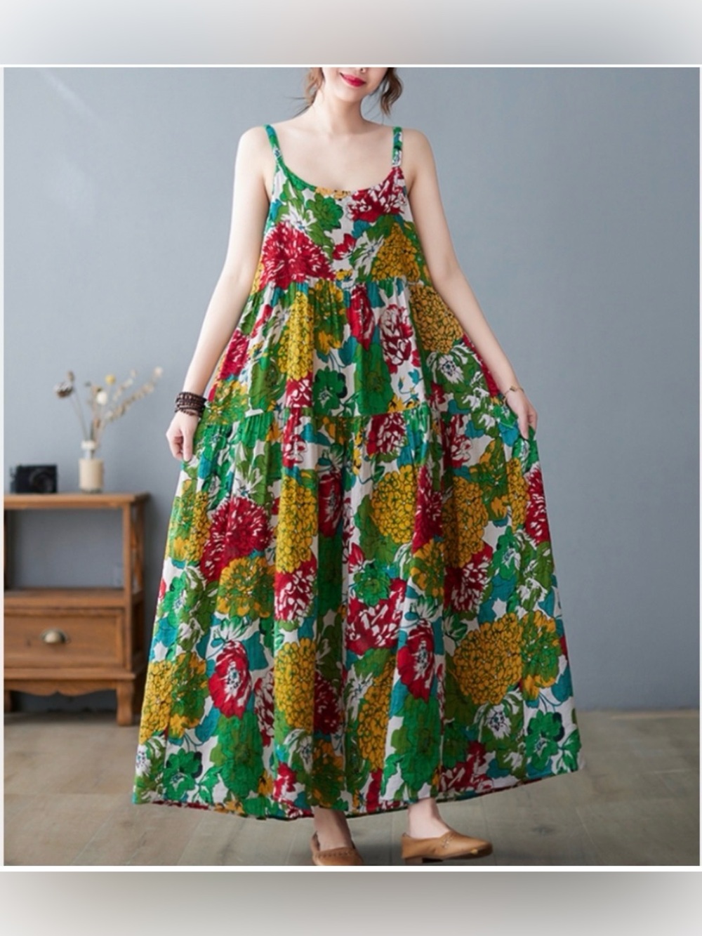 Yesno Floral Maxi Sundress Boho Beach Flowy Cotton L
